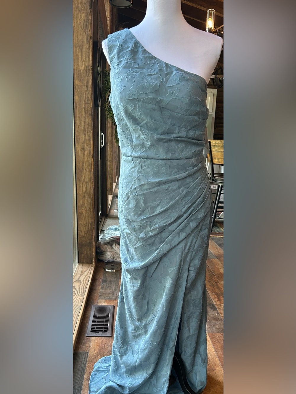 Light Blue Floral Lace Draped Formal Gown size 12